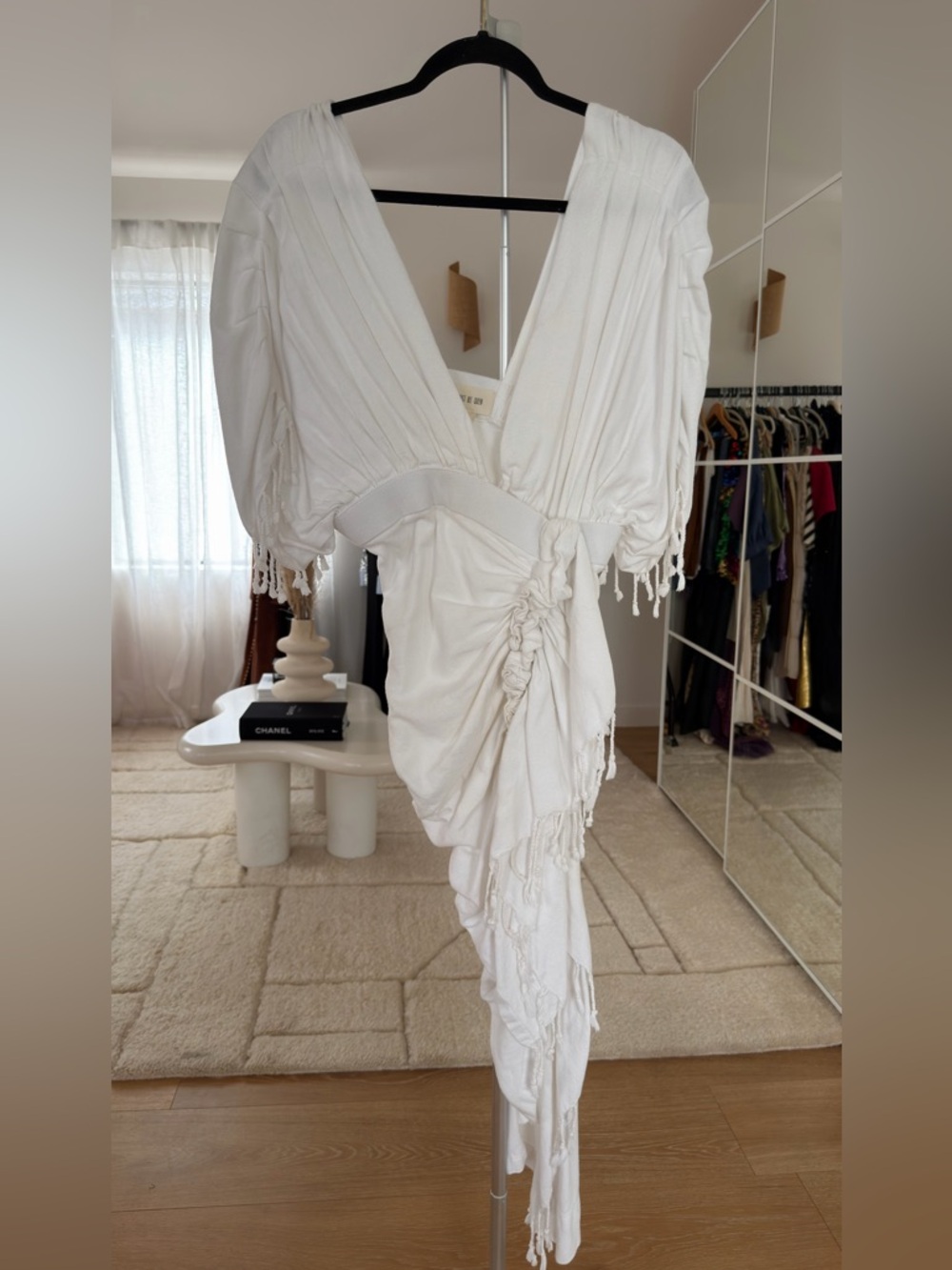 White Ruched V-Neck Asymmetric Dress